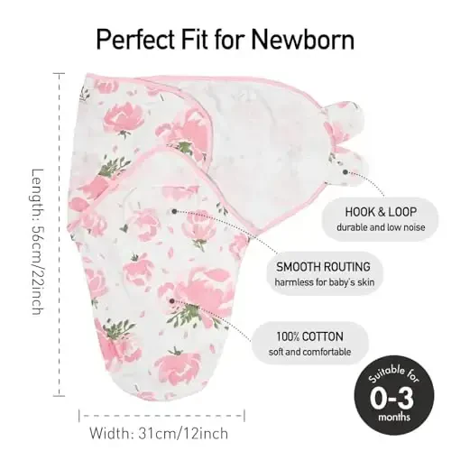 GLLQUEN BABY Girl Swaddles 0-3 Months - 3 Pack Baby Swaddles Sack for Newborn, Infant Sleep Sack, Easy Swaddling Wrap, A Pink Floral, Nursery Swaddle Blankets Essentials - 10