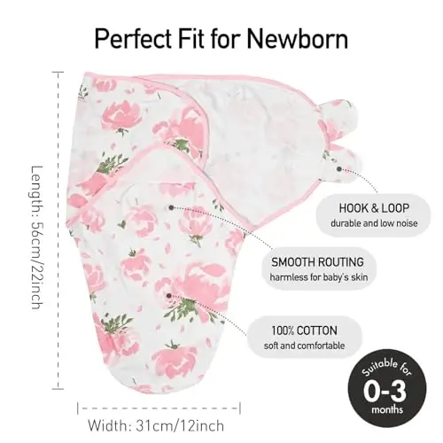 GLLQUEN BABY Girl Swaddles 0-3 Months - 3 Pack Baby Swaddles Sack for Newborn, Infant Sleep Sack, Easy Swaddling Wrap, A Pink Floral, Nursery Swaddle Blankets Essentials - 5