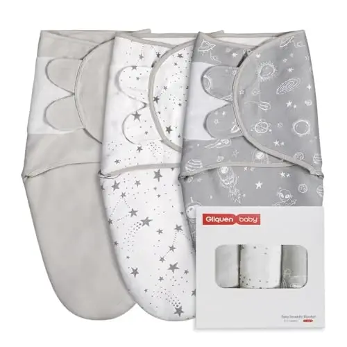 GLLQUEN BABY Organic Newborn Swaddles Sleep Sack, Swaddle Blankets for Baby Boy, 3 Pack Adjustable Wrap Set, Gray Starry Sky & Astronaut, 0-3 Months (Small/Medium) - 1
