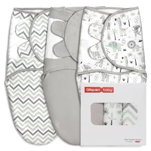GLLQUEN BABY Organic Swaddle Sleep Sacks for Newborn - Baby Swaddles 0-3 Months, 3-Pack Newborn Swaddling Sack, Gray Stripe & Animal World, Baby Swaddle Blanket Wrap (Small/Medium) 