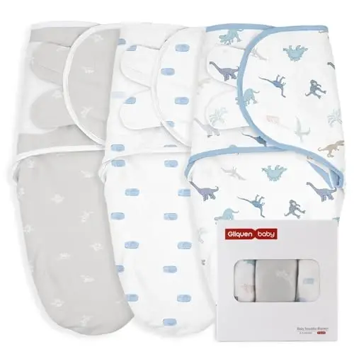 GLLQUEN BABY Swaddle 0-3 Months - 3 Pack Swaddles for Newborn, Adjustable Newborn Swaddling Wrap for Baby Boys and Girls, Swaddle Blanket Sleep Sack, Dinosaur & World, Easy Change - 1