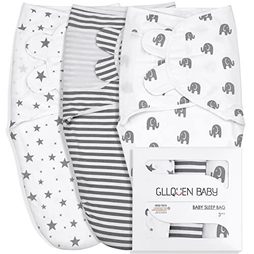 GLLQUEN BABY Swaddle Blankets for Baby Boy Girl, 3-6 Months, Gray Elephant Star & Stripe, 3 Pack Wrap Set, Newborn Adjustable Swaddles Sleep Sack,(Medium/Large) - 1