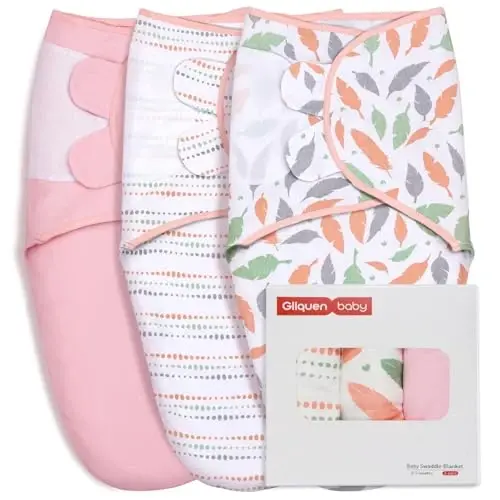 GLLQUEN BABY Swaddle Blankets for Baby Girls, 3-6 Months, Orange Pink Feather & Wave Point, 3 Pack Wrap Set, Newborn Adjustable Swaddles Sleep Sack, (Medium/Large) - 1