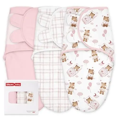 GLLQUEN BABY Swaddles for Newborns Organic Cotton, Soft Baby Girl Swaddles 0-3 Months, Womb-Like Sleep Sack Wrap Nursery Swaddling Blankets Pink Bear 