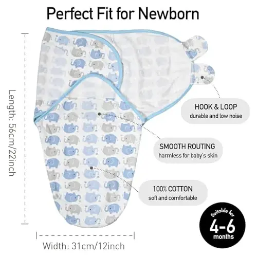 GLLQUEN BABY Swaddles for Newborns Organic Cotton, Soft Baby Boy Swaddles 3-6 Months, Reduce Startle Reflex Womb-Like Sleep Sack Wrap Nursery Swaddling Blankets Blue Elephants - 5