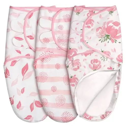 GLLQUEN BABY Baby Swaddle Sleep Sacks with Zipper - 3-Pack Newborn Swaddling Sack, Baby Swaddles Sleep Sack 0-3 Months,Pink Floral or Leaves, Swaddling Blankets 3 Pack Wrap Set, Easy Change Swaddle - 1