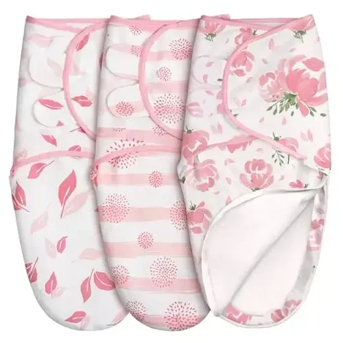 GLLQUEN BABY Baby Swaddle Sleep Sacks with Zipper - 3-Pack Newborn Swaddling Sack, Baby Swaddles Sleep Sack 0-3 Months,Pink Floral or Leaves, Swaddling Blankets 3 Pack Wrap Set, Easy Change Swaddle - 1