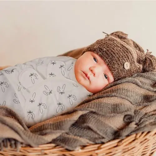 GLLQUEN BABY 3 Pack Newborn Swaddle - Baby Swaddle 0-3 Months for Baby Boys and Grils, Adjustable Sleep Sack for Newborns, Stripes & Bunnies, Swaddling Blankets - 4
