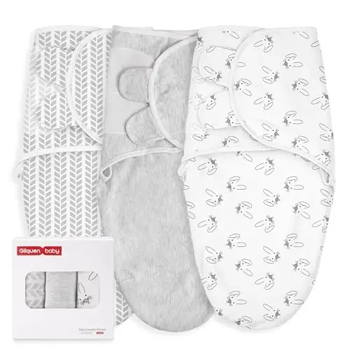 GLLQUEN BABY 3 Pack Newborn Swaddle - Baby Swaddle 0-3 Months for Baby Boys and Grils, Adjustable Sleep Sack for Newborns, Stripes & Bunnies, Swaddling Blankets 
