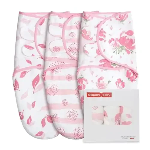 GLLQUEN BABY Girl Swaddles 0-3 Months - 3 Pack Baby Swaddles Sack for Newborn, Infant Sleep Sack, Easy Swaddling Wrap, A Pink Floral, Nursery Swaddle Blankets Essentials - GLLQUEN
