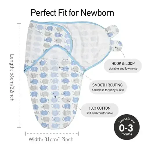 GLLQUEN BABY Swaddle Sleep Sack - 3 Pack Infant Swaddles for Newborn, Baby Swaddling Sack 0-3 Months, Ergonomic Newborn Swaddle Blanket for Baby Boy and Girl, Blue & Elephants - 7