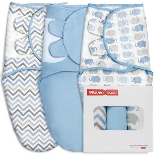 GLLQUEN BABY Swaddle Sleep Sack - 3 Pack Infant Swaddles for Newborn, Baby Swaddling Sack 0-3 Months, Ergonomic Newborn Swaddle Blanket for Baby Boy and Girl, Blue & Elephants - GLLQUEN BABY