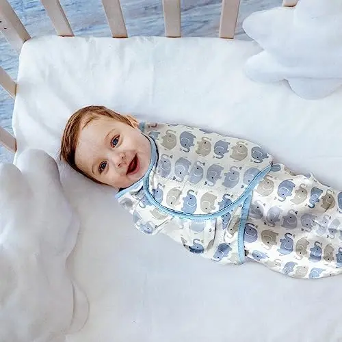 GLLQUEN BABY Swaddle Sleep Sack - 3 Pack Infant Swaddles for Newborn, Baby Swaddling Sack 0-3 Months, Ergonomic Newborn Swaddle Blanket for Baby Boy and Girl, Blue & Elephants - GLLQUEN BABY (1)