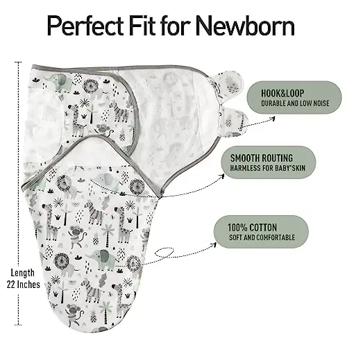 GLLQUEN BABY Organic Swaddle Sleep Sacks for Newborn - Baby Swaddles 0-3 Months, 3-Pack Newborn Swaddling Sack, Gray Stripe & Animal World, Baby Swaddle Blanket Wrap (Small/Medium) - 5