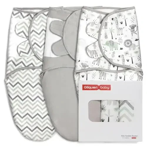 GLLQUEN BABY Organic Swaddle Sleep Sacks for Newborn - Baby Swaddles 0-3 Months, 3-Pack Newborn Swaddling Sack, Gray Stripe & Animal World, Baby Swaddle Blanket Wrap (Small/Medium) - 1