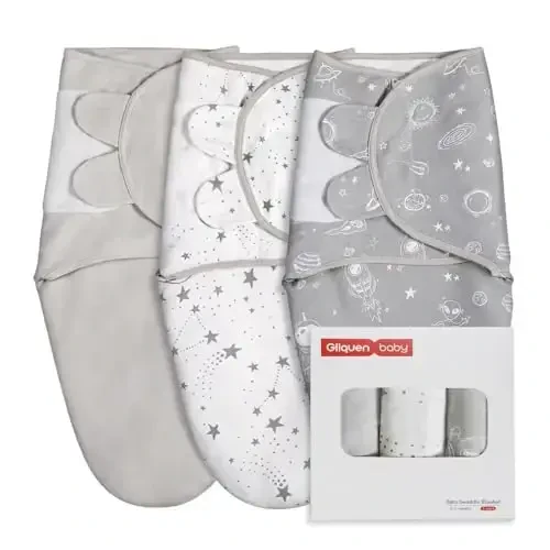 GLLQUEN BABY Organic Newborn Swaddles Sleep Sack, Swaddle Blankets for Baby Boy, 3 Pack Adjustable Wrap Set, Gray Starry Sky & Astronaut, 0-3 Months (Small/Medium) 