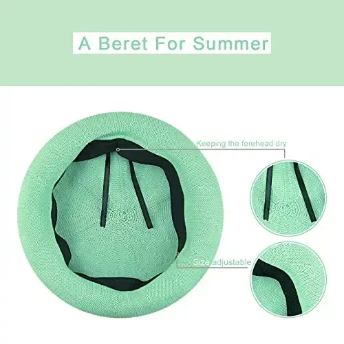 Gllutt Summer Knitted Thin Beret Hat for Women Size Adjustable French Style Solid Color - 4