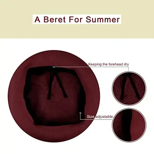 Gllutt Summer Knitted Thin Beret Hat for Women Size Adjustable French Style Solid Color - 4