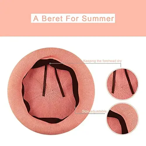 Gllutt Summer Knitted Thin Beret Hat for Women Size Adjustable French Style Solid Color - 4