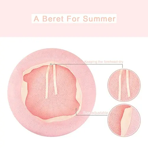 Gllutt Summer Knitted Thin Beret Hat for Women Size Adjustable French Style Solid Color - 4