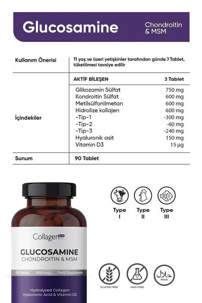 Glukozamin, Kondroitin & MSM, Hidrolize Kolajen, D3 Vitamini, 1500 mg x 90 Tablet - 10