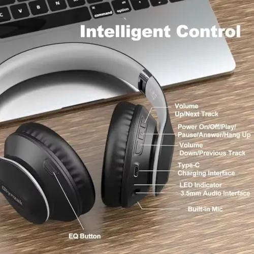 Glynzak Беспроводные Bluetooth-наушники Over Ear 65H Playtime HiFi Stereo Headset с микрофоном и 6 режимами эквалайзера Складные Bluetooth V5.3 наушники для путешествий Смартфон Компьютер Ноутбук - 5