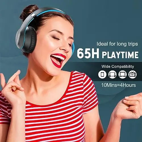 Glynzak simsiz Bluetooth quloqchinlari 65 soatgacha musiqa tinglash imkoniyatiga ega HiFi stereo garniturasi mikrofon va 6EQ rejimi bilan, buklanadigan Bluetooth V5.3 quloqchinlari sayohat, smartfon, kompyuter va noutbuk uchun - 5
