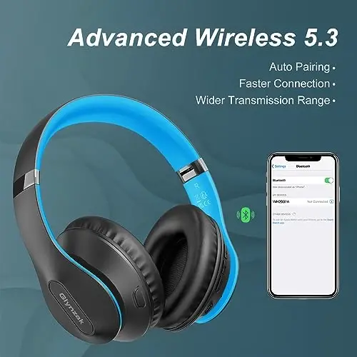 Glynzak simsiz Bluetooth quloqchinlari 65 soatgacha musiqa tinglash imkoniyatiga ega HiFi stereo garniturasi mikrofon va 6EQ rejimi bilan, buklanadigan Bluetooth V5.3 quloqchinlari sayohat, smartfon, kompyuter va noutbuk uchun - 6
