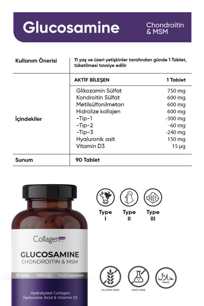 Glyukoza, Hondroitin & MSM, Gidrolangan Kollagen, D3 Vitamini, 1500 mg x 90 Tablet - 13