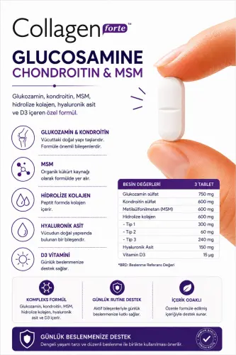 Glyukoza, Hondroitin & MSM, Gidrolangan Kollagen, D3 Vitamini, 1500 mg x 90 Tablet - COLLAGEN FORTE PLATINUM (1)