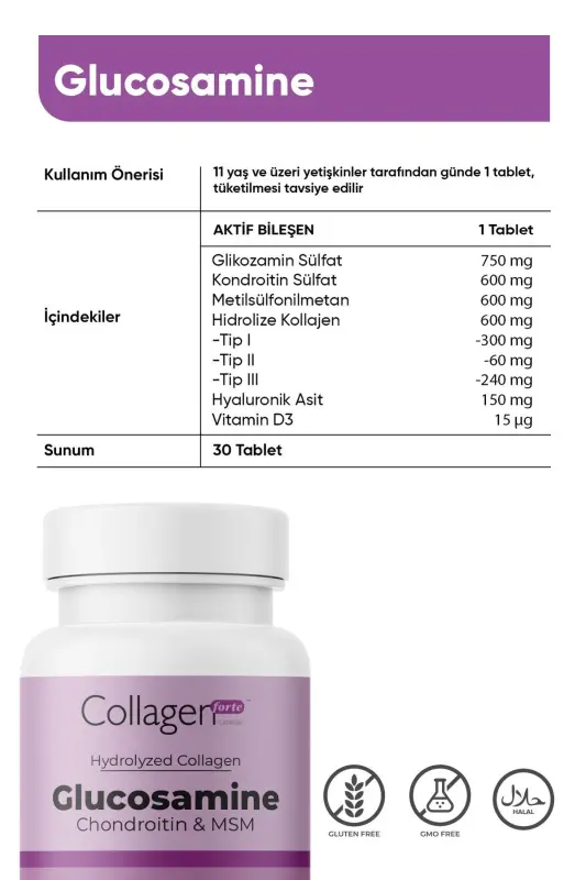 Glyukozaamin, Xondroitin & MSM, Gidrolangan Kollagen, D3 Vitamini, 1500 mg x 30 Tablet - 7