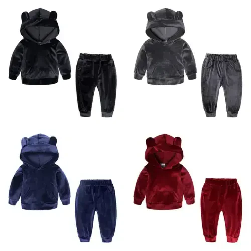 Godderr 2Pcs Kids Toddler Fleece Sweat Suits Set 9M-8Y Baby Tracksuit Ears Hooded Sweatsuits Sweatpants Outfits with Pockets Sweater Jogger Pants for Boys Girls - 8