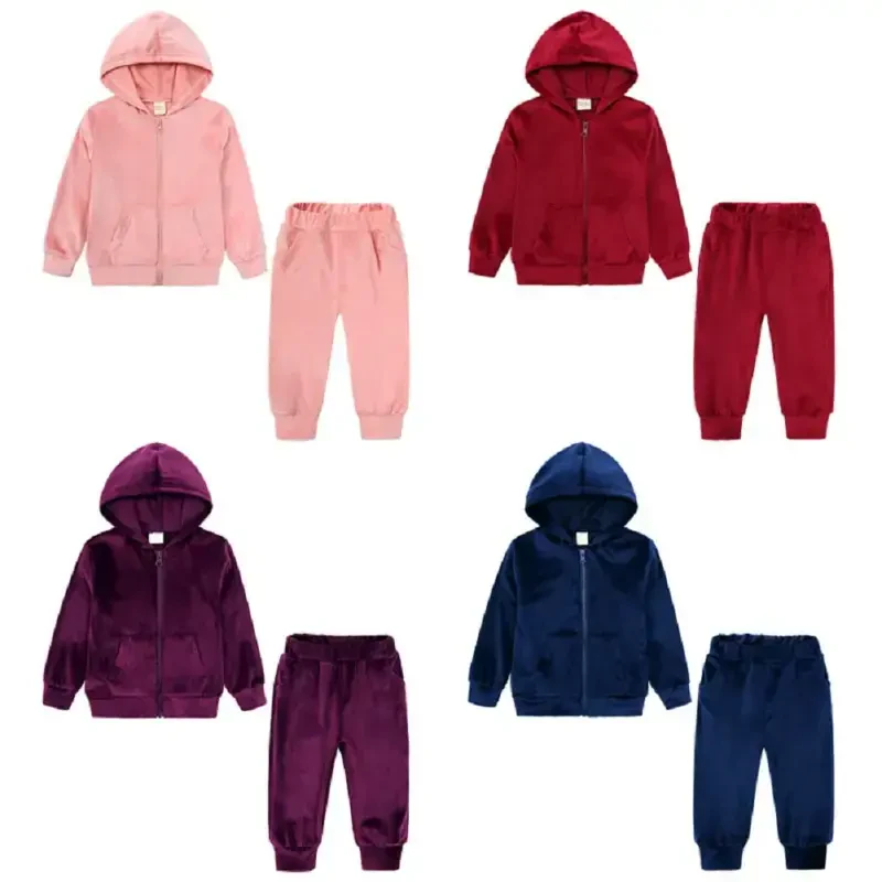 Godderr Kids Boys Girls Velour Tracksuit 2Pcs Outfits,Toddler Baby Hoodie Tracksuit, Kids Autumn Winter Sweatsuits Jogging Suits for 12M-13Y- - 2