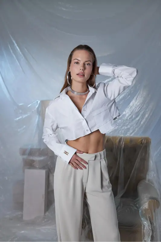 Göğüs Cepli Crop Gömlek Beyaz-Beyaz - 3