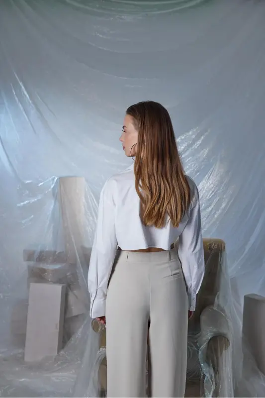 Göğüs Cepli Crop Gömlek Beyaz-Beyaz - 5