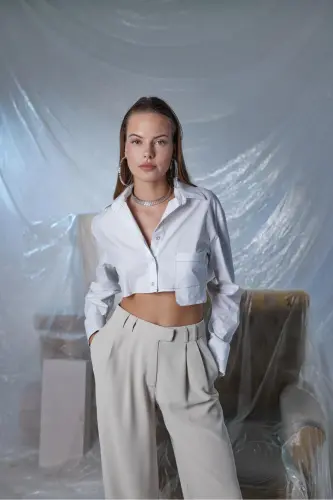 Göğüs Cepli Crop Gömlek Beyaz-Beyaz - HOLLY LOLLY (1)