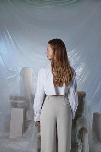 Göğüs Cepli Crop Gömlek Beyaz-Beyaz - 5