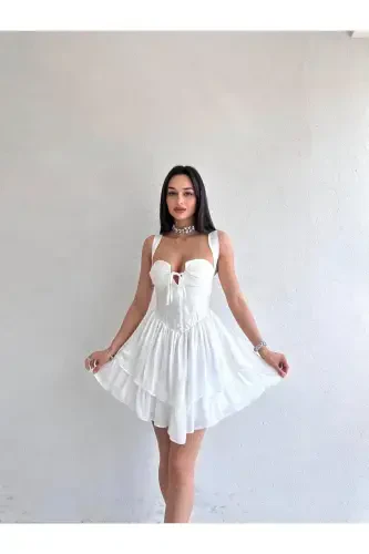 Göğüs Detaylı Kalın Askılı Sırt Dekolteli Beyaz Mini Elbise - Abiye & Mezuniyet Elbisesi-Beyaz - MİSSCİXFASHİON (1)