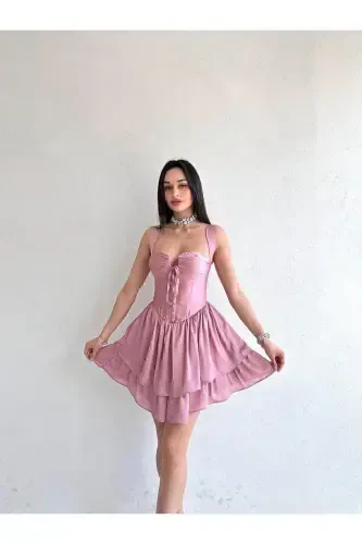 Göğüs Detaylı Kalın Askılı Sırt Dekolteli Pudra Mini Elbise - Abiye & Mezuniyet Elbisesi-Pudra - MİSSCİXFASHİON (1)
