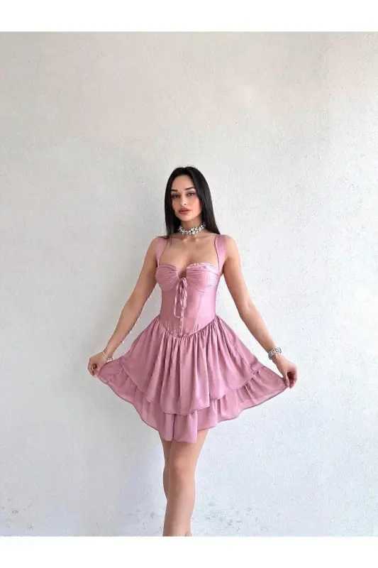 Göğüs Detaylı Kalın Askılı Sırt Dekolteli Pudra Mini Elbise - Abiye & Mezuniyet Elbisesi - Pudra - 2