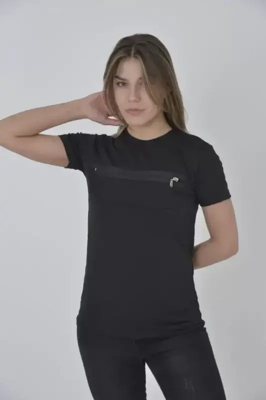 Göğüste Fermuar Aksesuarlı Dar Kalıp T-Shirt - Siyah - BÜYÜKBEDENIZ