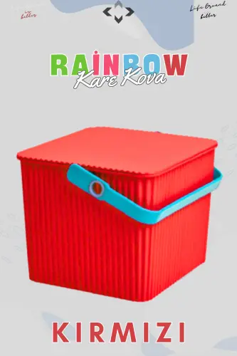 Rainbow Kare Kapaklı Kulplu Piknik Sepeti Düzenleyici 1 Adet Kare Kova Piknik Çantası Sepet-Kırmızı - 8