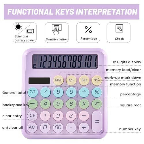 Golcellia Calculators Desktop, Purple Mechanical Calculator, Cute Calculator 12 Digit Desk Basic Calculator Large Display, Dual Power Solar Battery, Office Home School Supplies for Adults & Students - 2