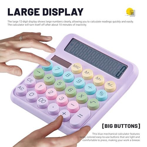 Golcellia Calculators Desktop, Purple Mechanical Calculator, Cute Calculator 12 Digit Desk Basic Calculator Large Display, Dual Power Solar Battery, Office Home School Supplies for Adults & Students - 5