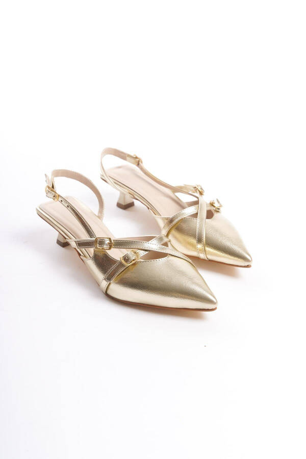 Gold 3 cm Heeled Women's Shoes with Strappy Buckle Detail Pointed Toe - 4