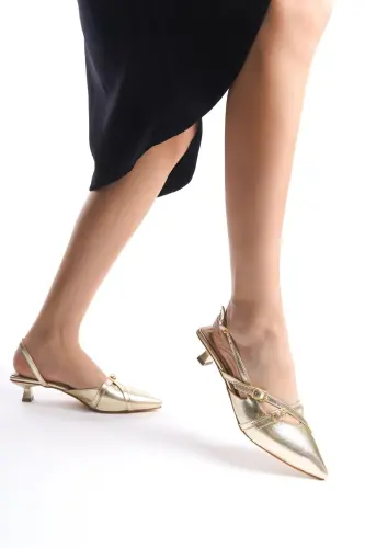 Gold 3 cm Heeled Women's Shoes with Strappy Buckle Detail Pointed Toe 