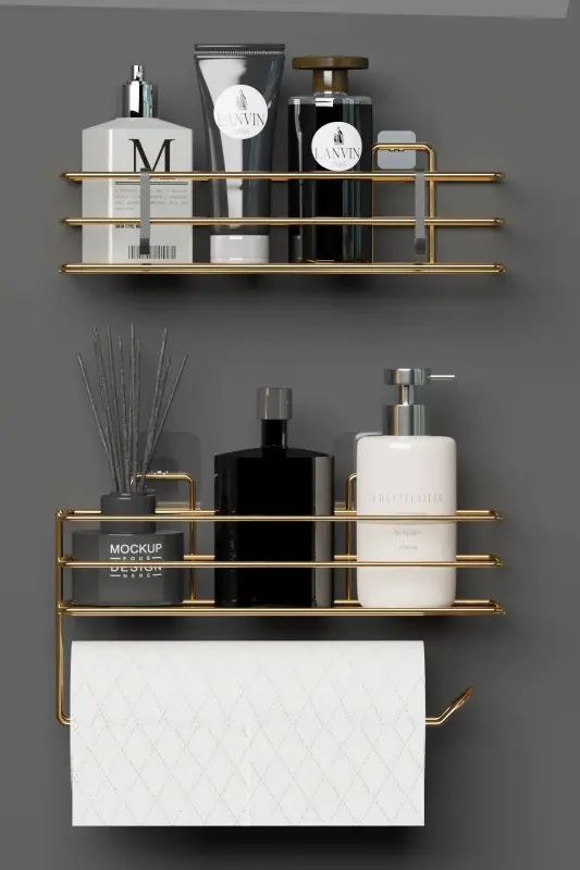 Gold Altın Kaplama Yapışkanlı Banyo Rafı 2 li Set - 1