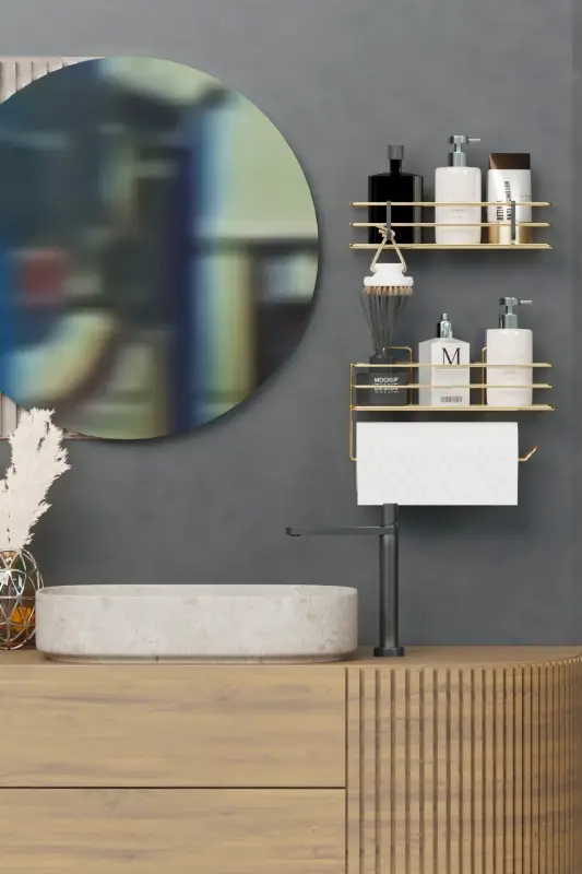 Gold Altın Kaplama Yapışkanlı Banyo Rafı 2 li Set Kağıt Havlu Askılı Banyo Duş Organizer - Gold Altın - 3