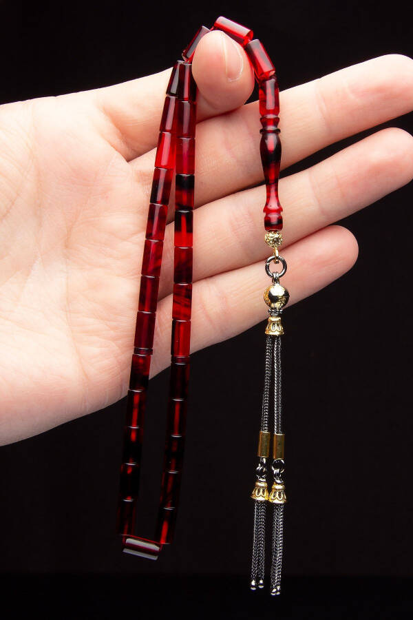 Gold and rhodium plated 925 sterling silver tassel 5.5x10.5mm cut model red pressed amber prayer beads - 1