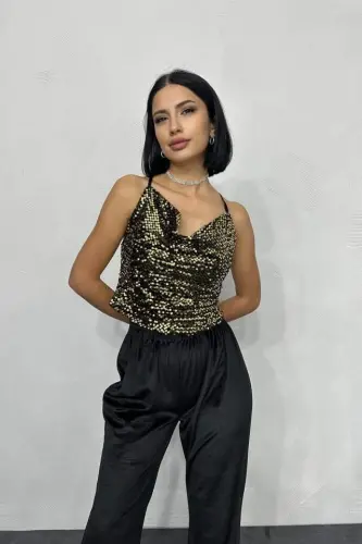 Gold Asymmetric Cowl Neck Blouse - 1